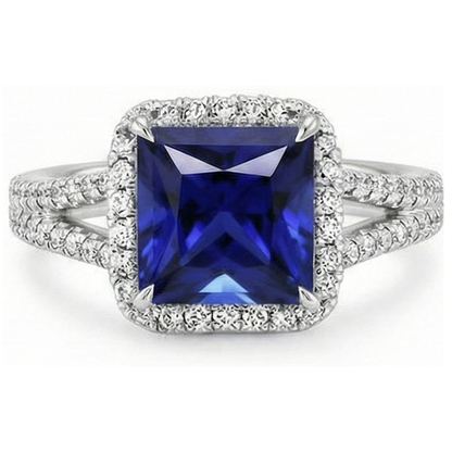 Halo Ring Blue Sapphire and Natural Earth Mined Diamond 6.5 Carat Princess with Accent