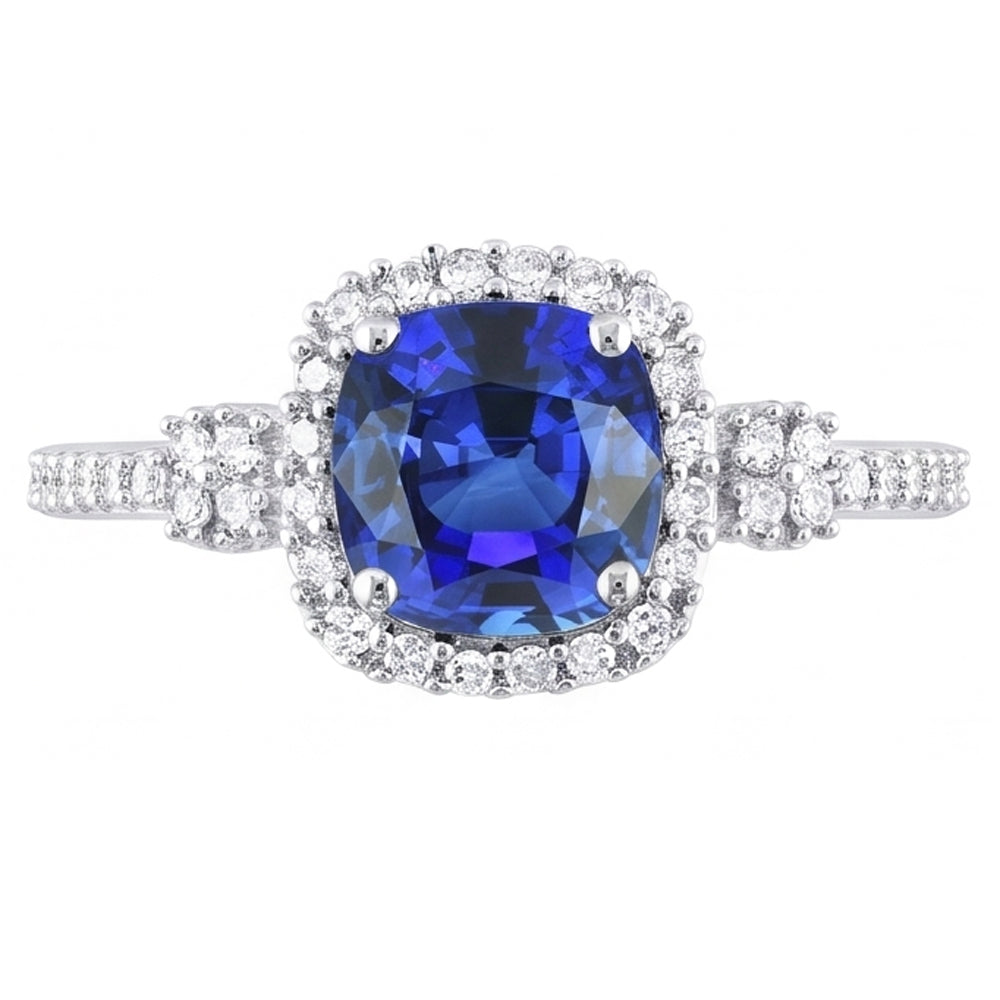 Halo Ring Cushion Ceylon Sapphire Prong Set Natural Earth Mined Diamonds 3.50 Carats