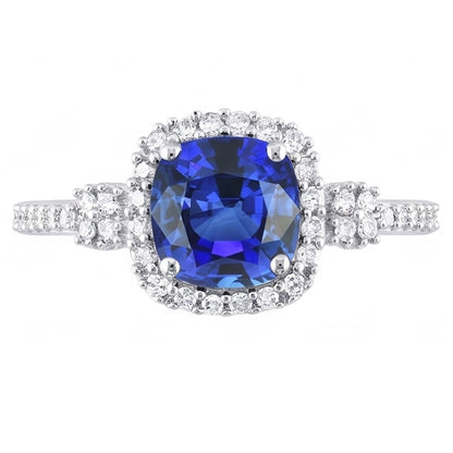 Halo Ring Cushion Ceylon Sapphire Prong Set Natural Earth Mined Diamonds 3.50 Carats