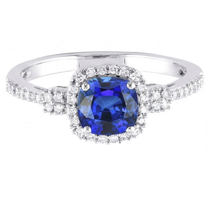 Halo Ring Cushion Ceylon Sapphire Prong Set Natural Earth Mined Diamonds 3.50 Carats