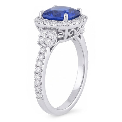 Halo Ring Cushion Ceylon Sapphire Prong Set Natural Earth Mined Diamonds 3.50 Carats