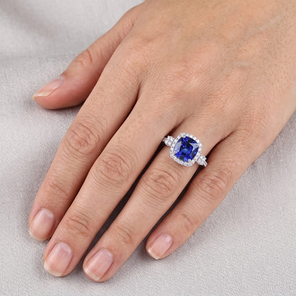 Halo Ring Cushion Ceylon Sapphire Prong Set Natural Earth Mined Diamonds 3.50 Carats