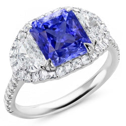 Halo Ring Cushion Sapphire With Half Moon & Round Natural Earth Mined Diamond 4.50 Carats