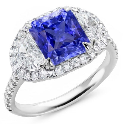 Halo Ring Cushion Sapphire With Half Moon & Round Natural Earth Mined Diamond 4.50 Carats