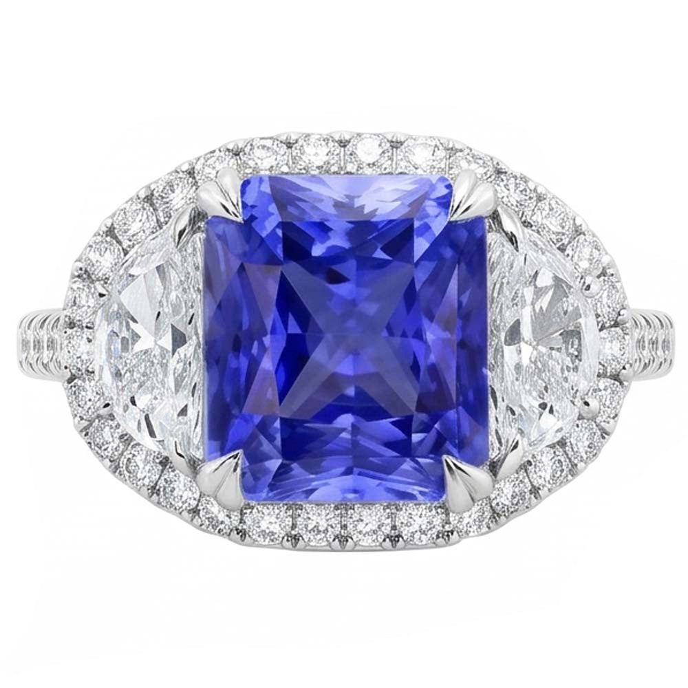 Halo Ring Cushion Sapphire With Half Moon & Round Natural Earth Mined Diamond 4.50 Carats
