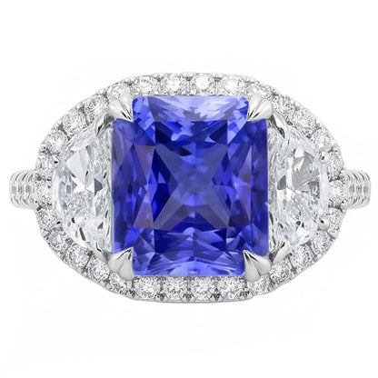 Halo Ring Cushion Sapphire With Half Moon & Round Natural Earth Mined Diamond 4.50 Carats