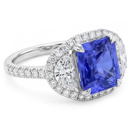 Halo Ring Cushion Sapphire With Half Moon & Round Natural Earth Mined Diamond 4.50 Carats