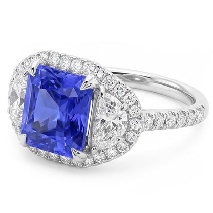 Halo Ring Cushion Sapphire With Half Moon & Round Natural Earth Mined Diamond 4.50 Carats