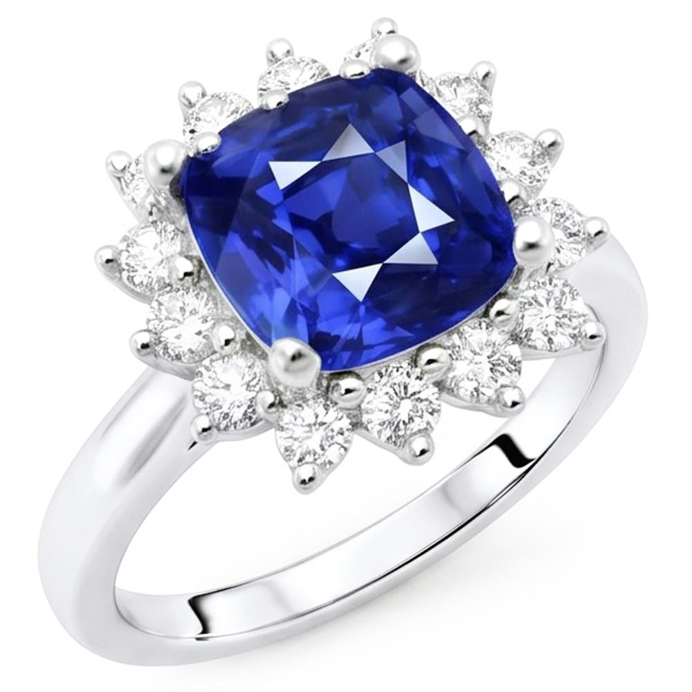 Halo Ring Cushion Sapphire & Round Natural Earth Mined Diamonds Star Style 3.50 Carats