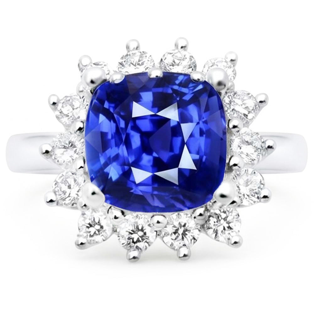 Halo Ring Cushion Sapphire & Round Natural Earth Mined Diamonds Star Style 3.50 Carats