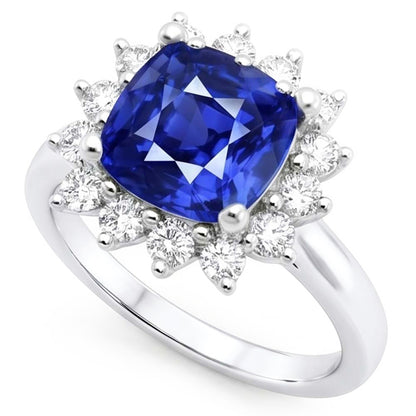 Halo Ring Cushion Sapphire & Round Natural Earth Mined Diamonds Star Style 3.50 Carats