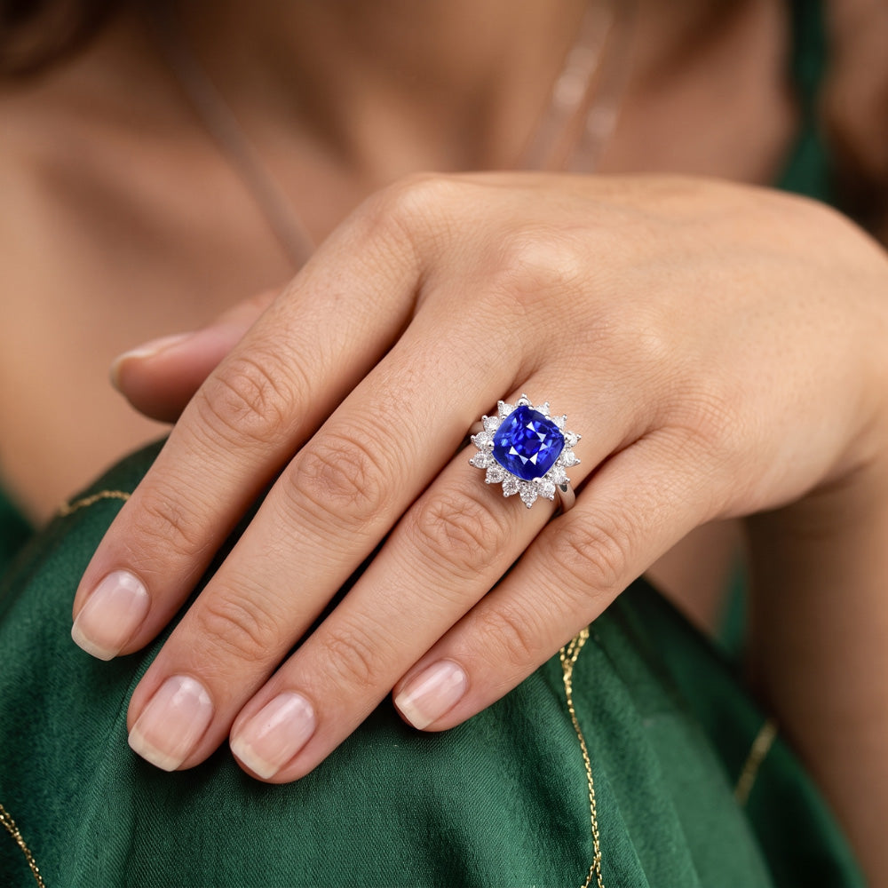 Halo Ring Cushion Sapphire & Round Natural Earth Mined Diamonds Star Style 3.50 Carats