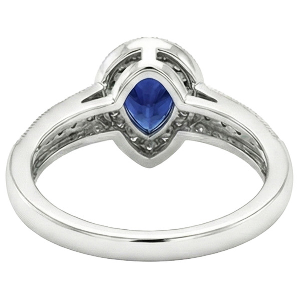 Halo Ring Double Shank Pear Blue Sapphire & Natural Earth Mined Diamonds 2 Carats