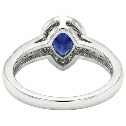 Halo Ring Double Shank Pear Blue Sapphire & Natural Earth Mined Diamonds 2 Carats
