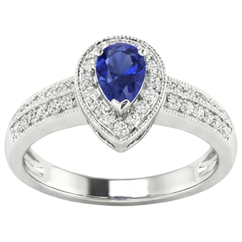 Halo Ring Double Shank Pear Blue Sapphire & Natural Earth Mined Diamonds 2 Carats