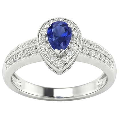 Halo Ring Double Shank Pear Blue Sapphire & Natural Earth Mined Diamonds 2 Carats