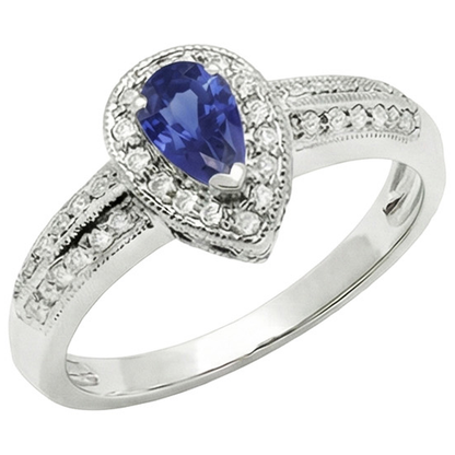 Halo Ring Double Shank Pear Blue Sapphire & Natural Earth Mined Diamonds 2 Carats