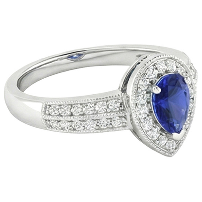 Halo Ring Double Shank Pear Blue Sapphire & Natural Earth Mined Diamonds 2 Carats