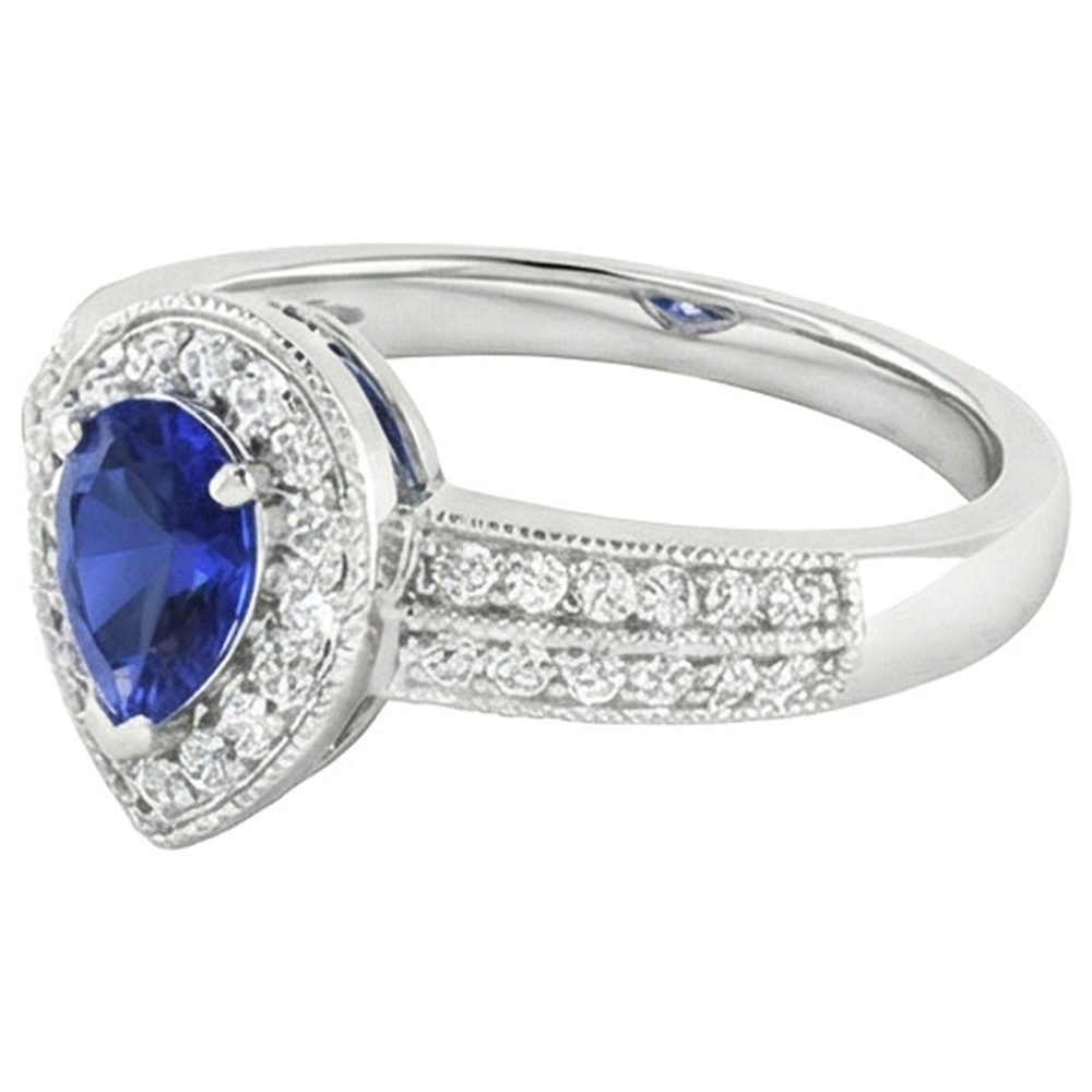 Halo Ring Double Shank Pear Blue Sapphire & Natural Earth Mined Diamonds 2 Carats