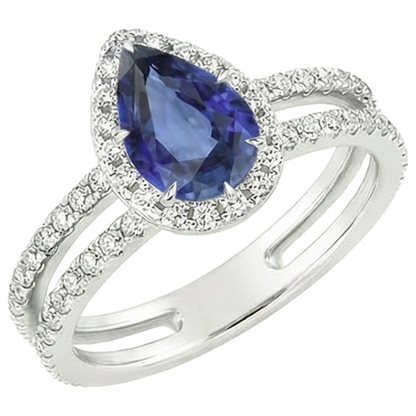 Halo Ring Double Shank Pear Blue Sapphire & Natural Earth Mined Diamonds 4.50 Carats