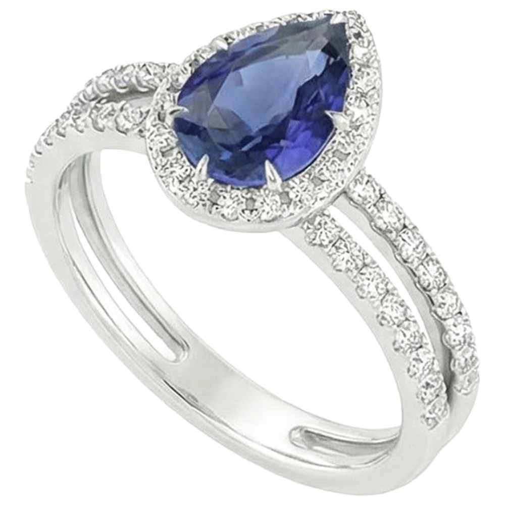 Halo Ring Double Shank Pear Blue Sapphire & Natural Earth Mined Diamonds 4.50 Carats