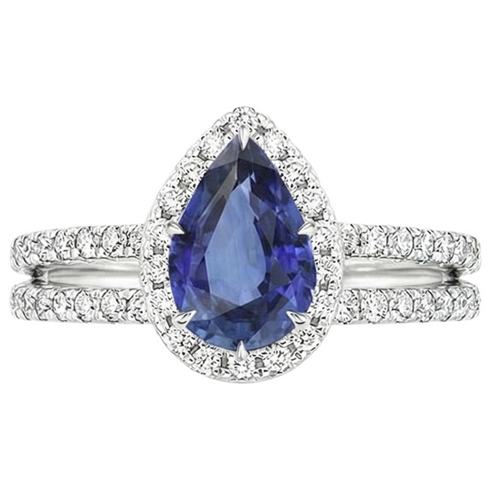 Halo Ring Double Shank Pear Blue Sapphire & Natural Earth Mined Diamonds 4.50 Carats