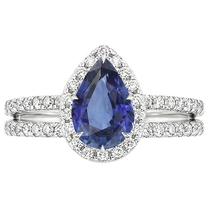 Halo Ring Double Shank Pear Blue Sapphire & Natural Earth Mined Diamonds 4.50 Carats