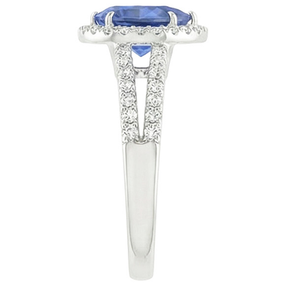 Halo Ring Double Shank Pear Blue Sapphire & Natural Earth Mined Diamonds 4.50 Carats