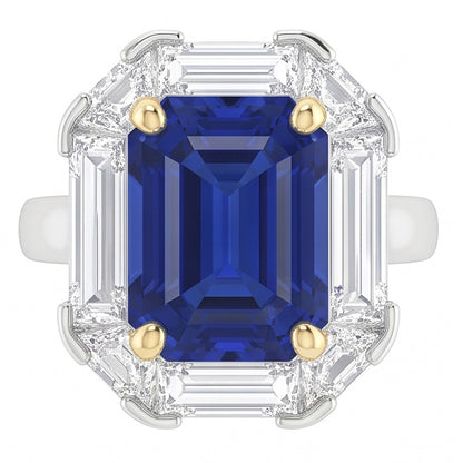 Halo Ring Emerald Blue Sapphire Trillion & Baguette Natural Earth Mined Diamonds 3 Carats