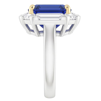 Halo Ring Emerald Blue Sapphire Trillion & Baguette Natural Earth Mined Diamonds 3 Carats