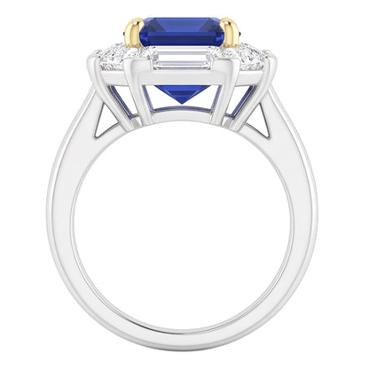 Halo Ring Emerald Blue Sapphire Trillion & Baguette Natural Earth Mined Diamonds 3 Carats
