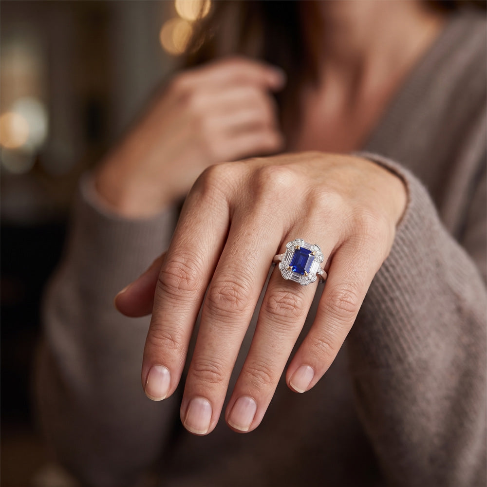 Halo Ring Emerald Blue Sapphire Trillion & Baguette Natural Earth Mined Diamonds 3 Carats