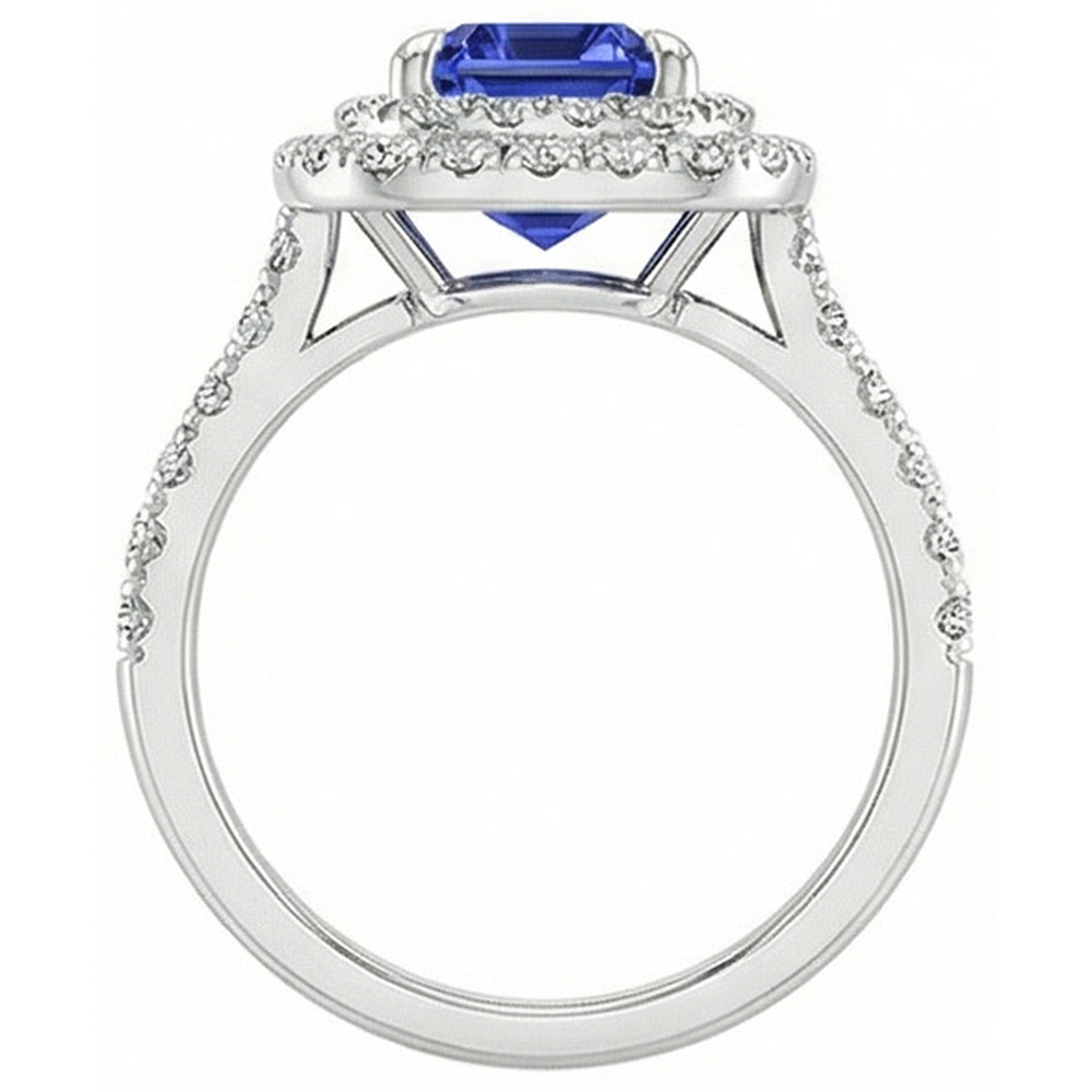 Halo Ring Emerald Blue Sapphire & Natural Earth Mined Diamond 5 Carats White Gold 14K
