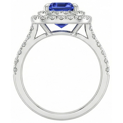 Halo Ring Emerald Blue Sapphire & Natural Earth Mined Diamond 5 Carats White Gold 14K