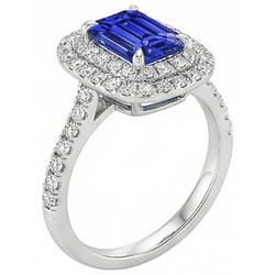 Halo Ring Emerald Blue Sapphire & Natural Earth Mined Diamond 5 Carats White Gold 14K
