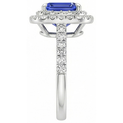 Halo Ring Emerald Blue Sapphire & Natural Earth Mined Diamond 5 Carats White Gold 14K