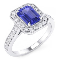 Halo Ring Emerald Sapphire & Natural Earth Mined Diamonds 3 Carats White Gold Milgrain