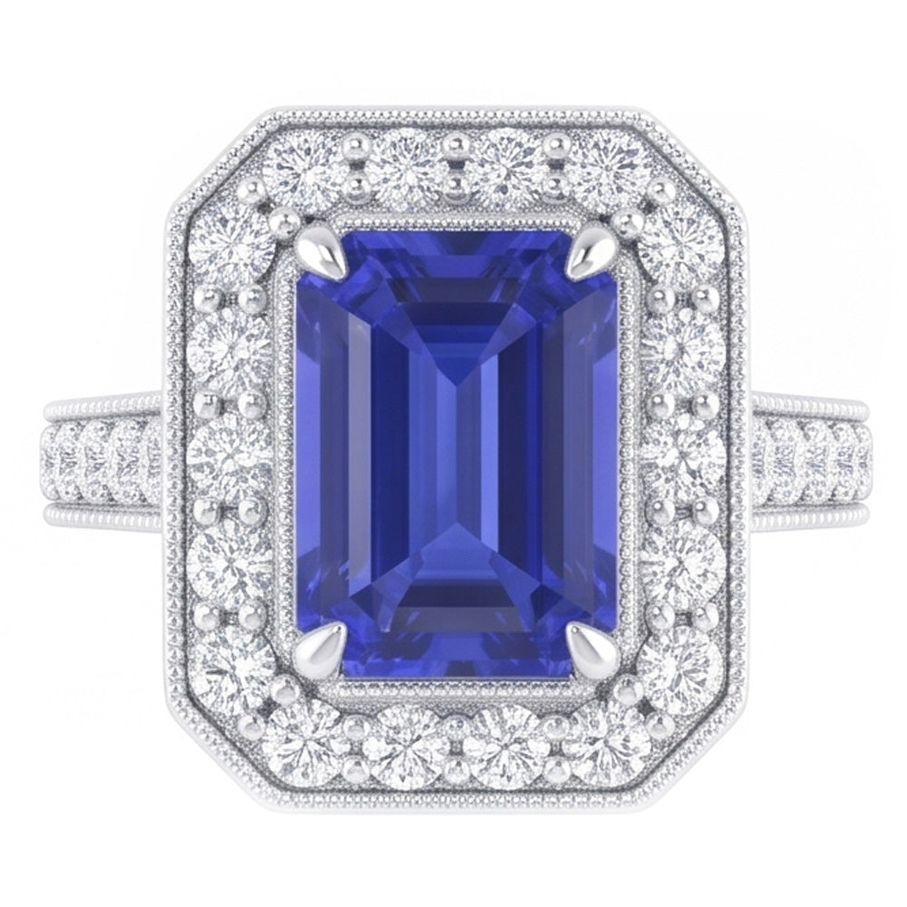 Halo Ring Emerald Sapphire & Natural Earth Mined Diamonds 3 Carats White Gold Milgrain