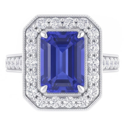 Halo Ring Emerald Sapphire & Natural Earth Mined Diamonds 3 Carats White Gold Milgrain