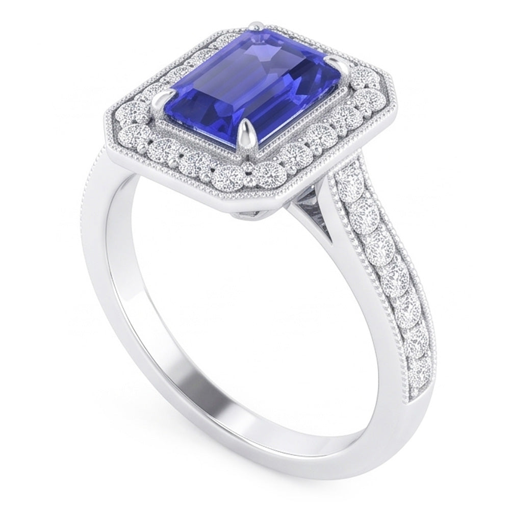 Halo Ring Emerald Sapphire & Natural Earth Mined Diamonds 3 Carats White Gold Milgrain
