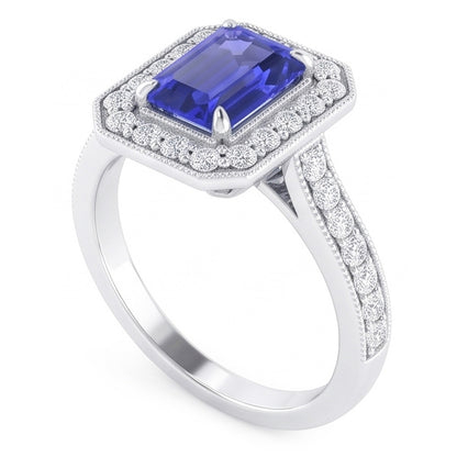 Halo Ring Emerald Sapphire & Natural Earth Mined Diamonds 3 Carats White Gold Milgrain