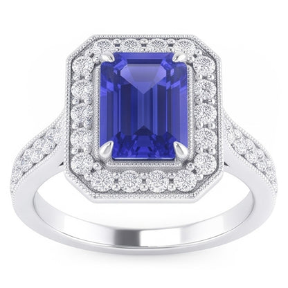 Halo Ring Emerald Sapphire & Natural Earth Mined Diamonds 3 Carats White Gold Milgrain
