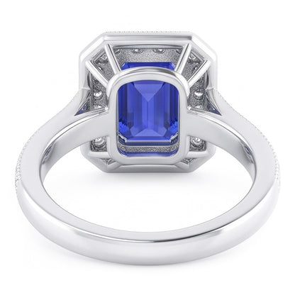 Halo Ring Emerald Sapphire & Natural Earth Mined Diamonds 3 Carats White Gold Milgrain