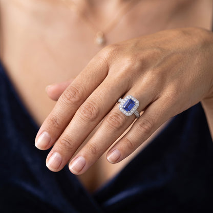 Halo Ring Emerald Sapphire & Natural Earth Mined Diamonds 3 Carats White Gold Milgrain
