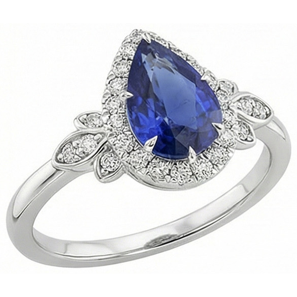 Halo Ring Floral Style Pear Sri Lankan Sapphire & Natural Earth Mined Diamonds 4 Carats
