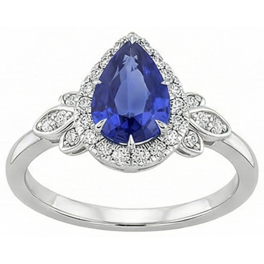 Halo Ring Floral Style Pear Sri Lankan Sapphire & Natural Earth Mined Diamonds 4 Carats