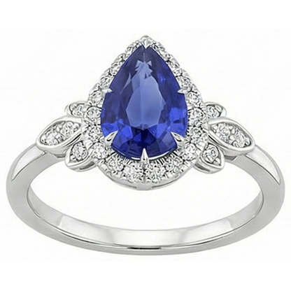 Halo Ring Floral Style Pear Sri Lankan Sapphire & Natural Earth Mined Diamonds 4 Carats