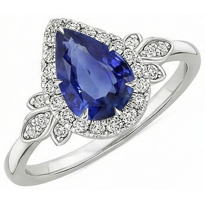 Halo Ring Floral Style Pear Sri Lankan Sapphire & Natural Earth Mined Diamonds 4 Carats