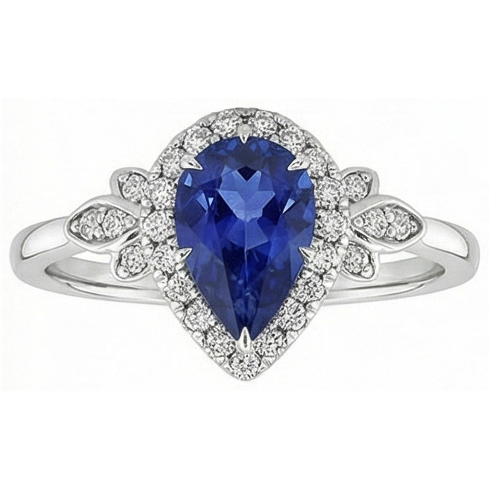 Halo Ring Floral Style Pear Sri Lankan Sapphire & Natural Earth Mined Diamonds 4 Carats