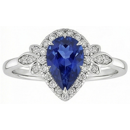 Halo Ring Floral Style Pear Sri Lankan Sapphire & Natural Earth Mined Diamonds 4 Carats